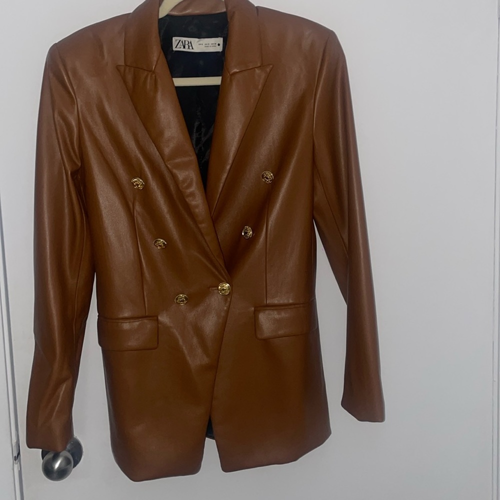 ZARA Brown Leather Blazer with gold buttons  in size s